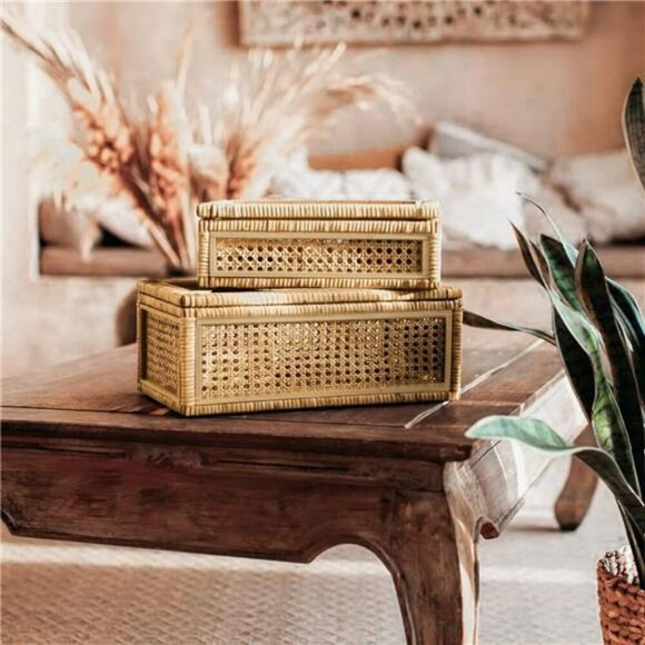 Boho Rattan Display Storage Boxes Set Decorative Organizer with Glass Lids - Picture 5 of 8